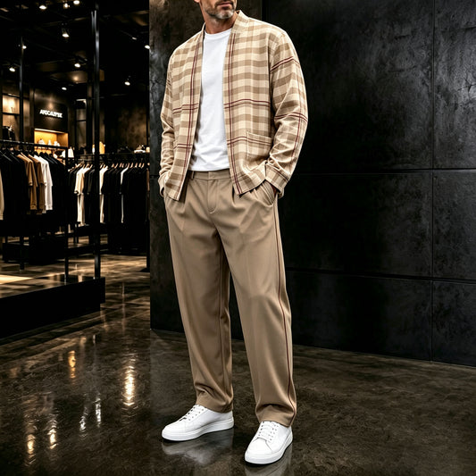 Men's Checkered Cardigan and Pants Two-Piece Set