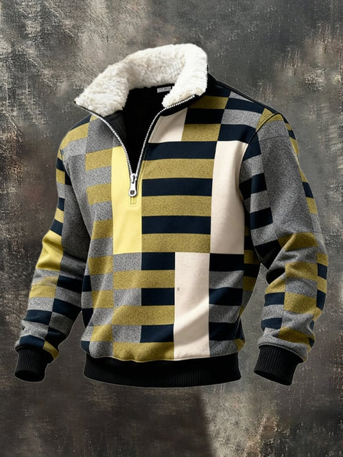 Men's Retro Color Block Print Casual Fur Collar Sweatshirt