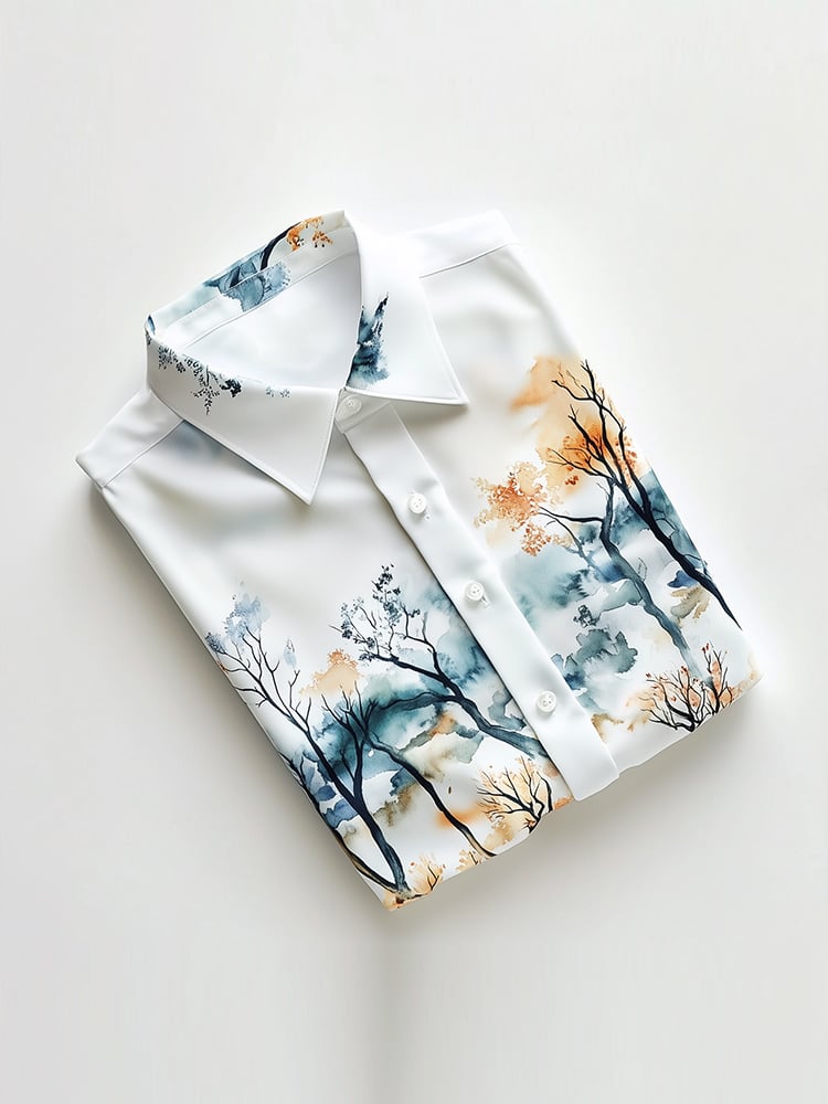 Men's Business Casual Watercolor Tree Lapel Short Sleeve Shirt