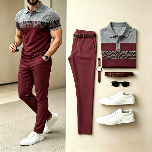 Men's Casual Grey Burgundy Geometric Knit Polo Shirt & Long Pants Two-Piece Set