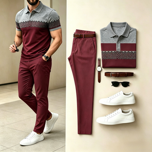 Men's Casual Grey Burgundy Geometric Knit Polo Shirt & Long Pants Two-Piece Set