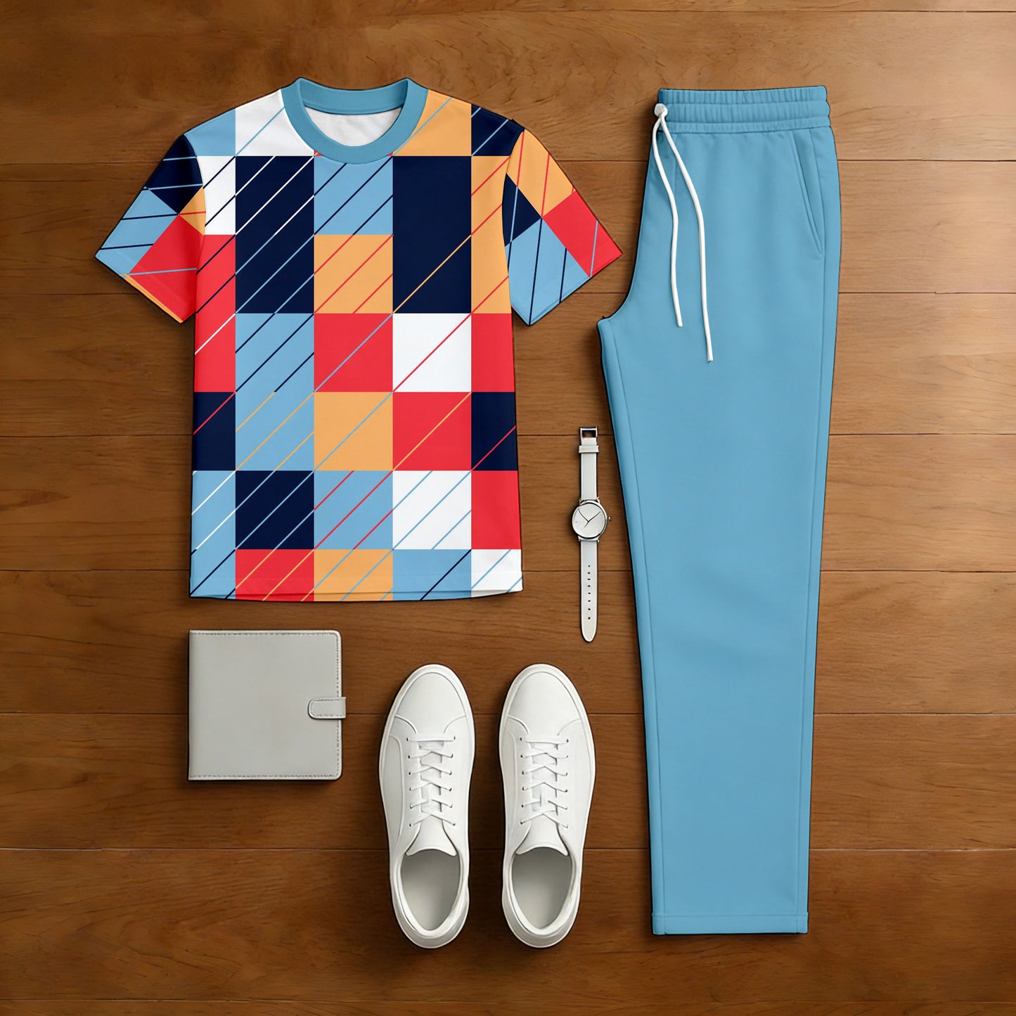 Men's Casual Blue & Multi Color Matching Checkered Printed Short Sleeved T-Shirt & Trousers Two-Piece Set