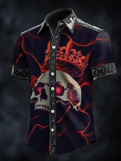 Men's Casual Dark Skull Art Satin Shirt