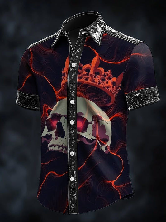 Men's Casual Dark Skull Art Satin Shirt