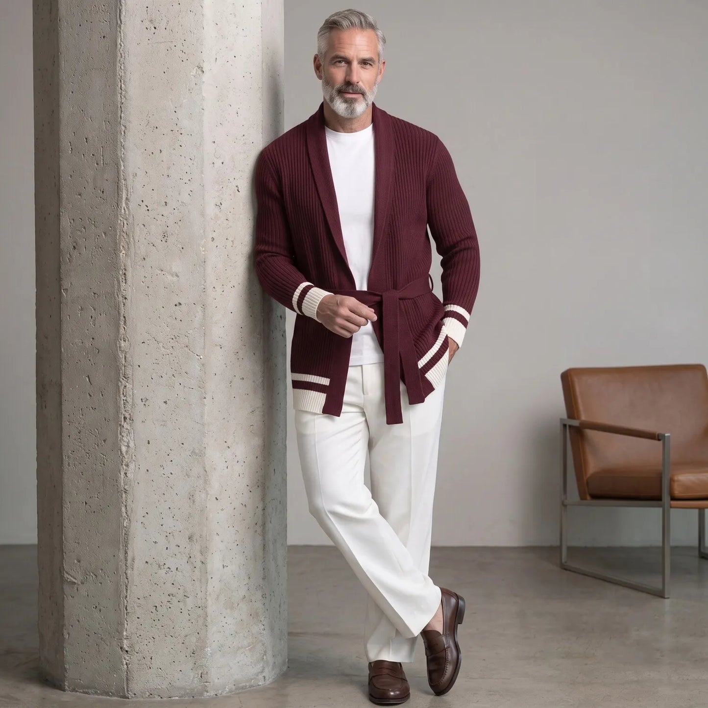 Men's Casual Shawl Collar Ribbed Knit Self Tie Belt Contrast Striped Long Sleeve Open Front Cardigan