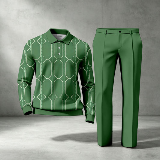 Men's Green Long-Sleeve Polo Shirt and Pants Two-Piece Set