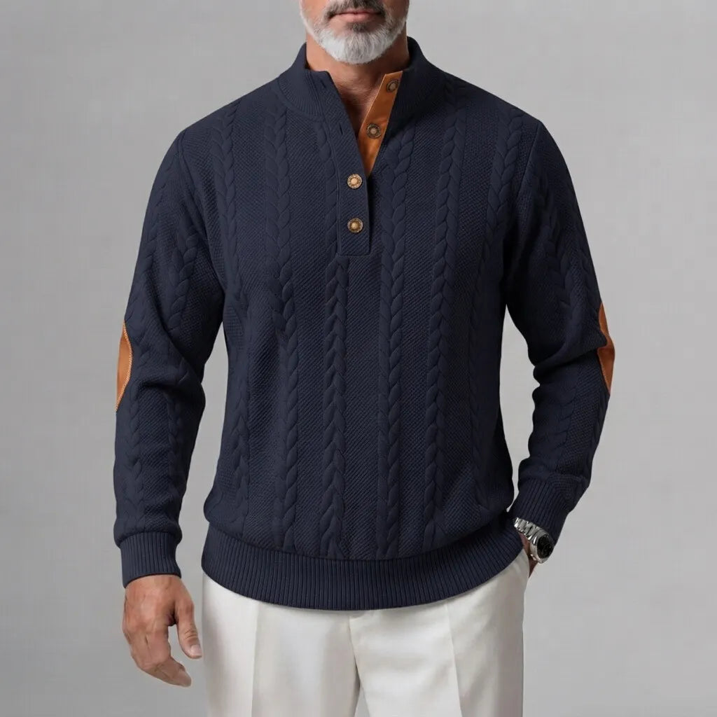 Men's Cable Knit Button Half Placket Stand Collar Patchwork Sweatshirt