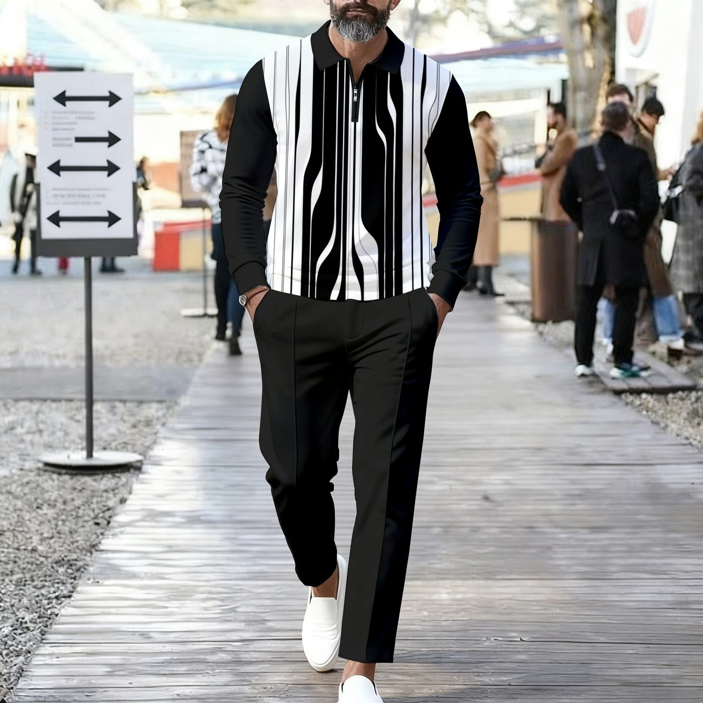 Men's Casual Color Matching Printed Polo-Collar Zipper Long Sleeved Trousers Two-Piece Set
