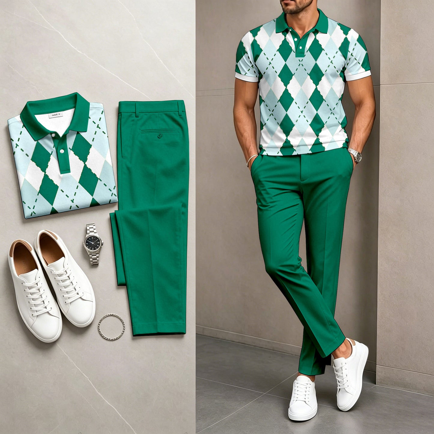 Men's Casual Dark Green Printed Polo Shirt And Pants Two-Piece Set