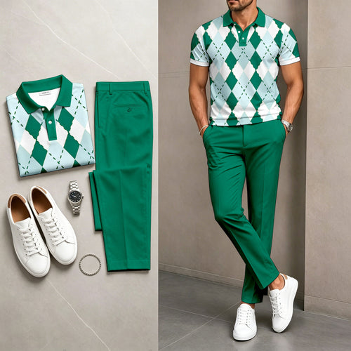 Men's Casual Dark Green Printed Polo Shirt And Pants Two-Piece Set