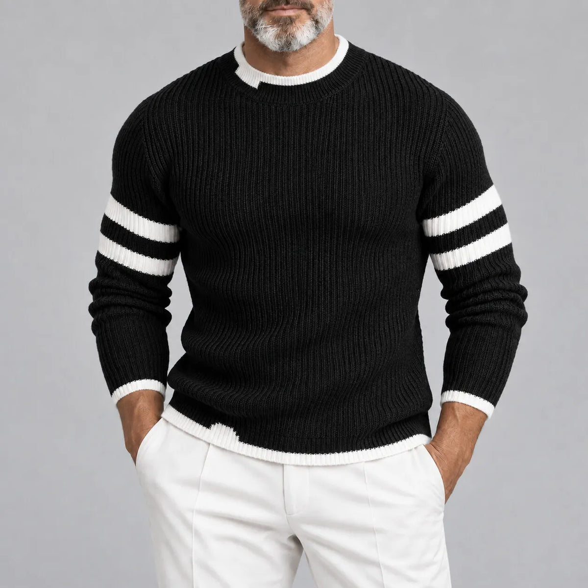 Men's Black Contrast Stripes Ribbed Knit Crew Neck Casual Pullover Sweater