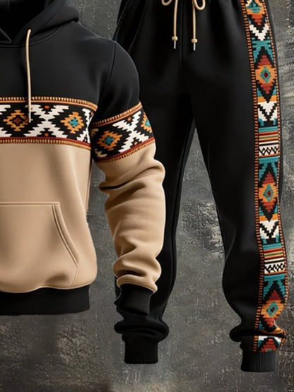 Men's Retro Distressed Contrast Color Hooded Casual Sweatshirt Set
