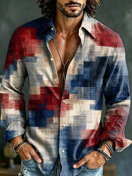 Men's Independence Day Patterns Casual Art Print Long Sleeved Collared Cotton Shirt