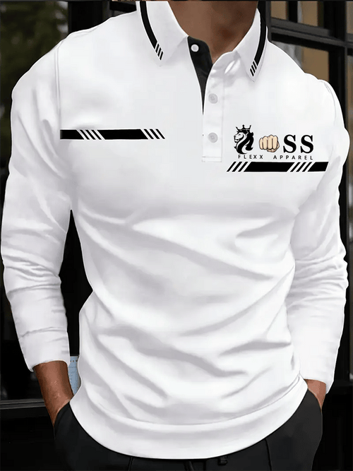 Men's Retro Letter Design Business Long Sleeve Polo Shirt