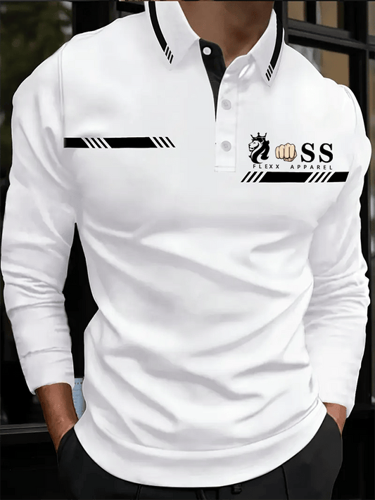 Men's Retro Letter Design Business Long Sleeve Polo Shirt