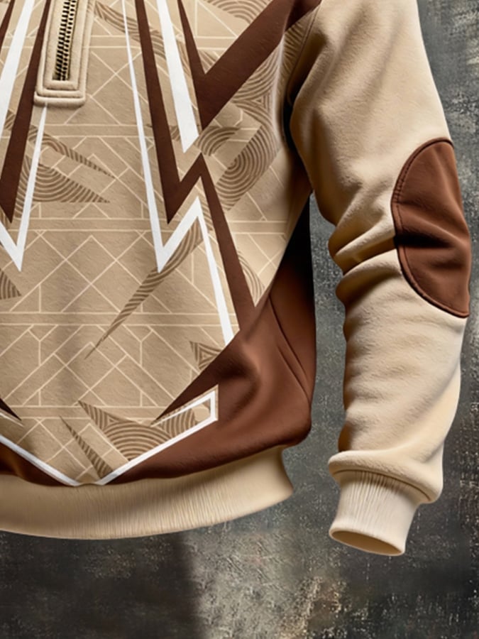 Men's Retro Color Block Print Color-Blocked Zip-Up Sweatshirt