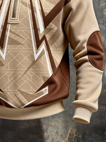 Men's Retro Color Block Print Color-Blocked Zip-Up Sweatshirt