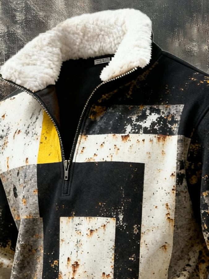 Men's Retro Color Block Print Casual Fur Collar Sweatshirt