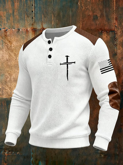 Men's Cross Flag Print Henley Collar Shirt