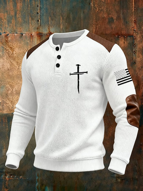 Men's Cross Flag Print Henley Collar Shirt