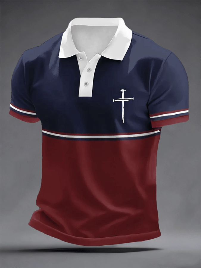 Men's Retro Faith Cross Print Casual Polo Shirt
