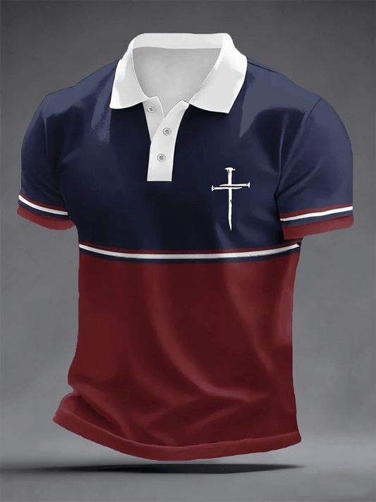 Men's Retro Faith Cross Print Casual Polo Shirt