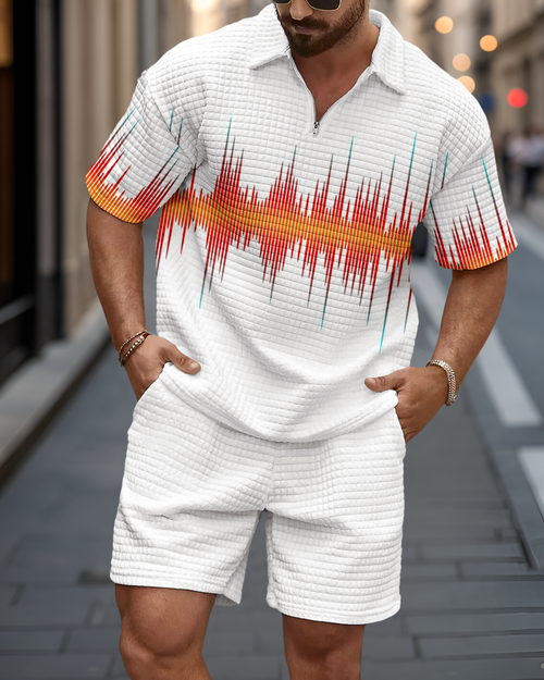 Men's Casual Art Print Waffle Texture Summer Polo Set 073
