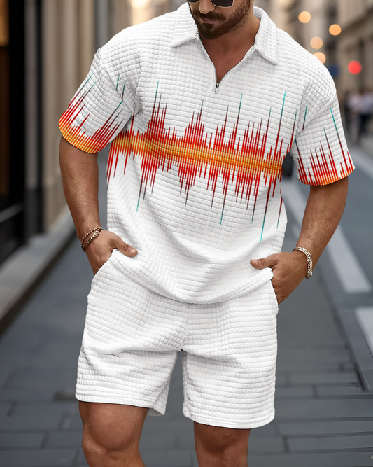 Men's Casual Art Print Waffle Texture Summer Polo Set 073