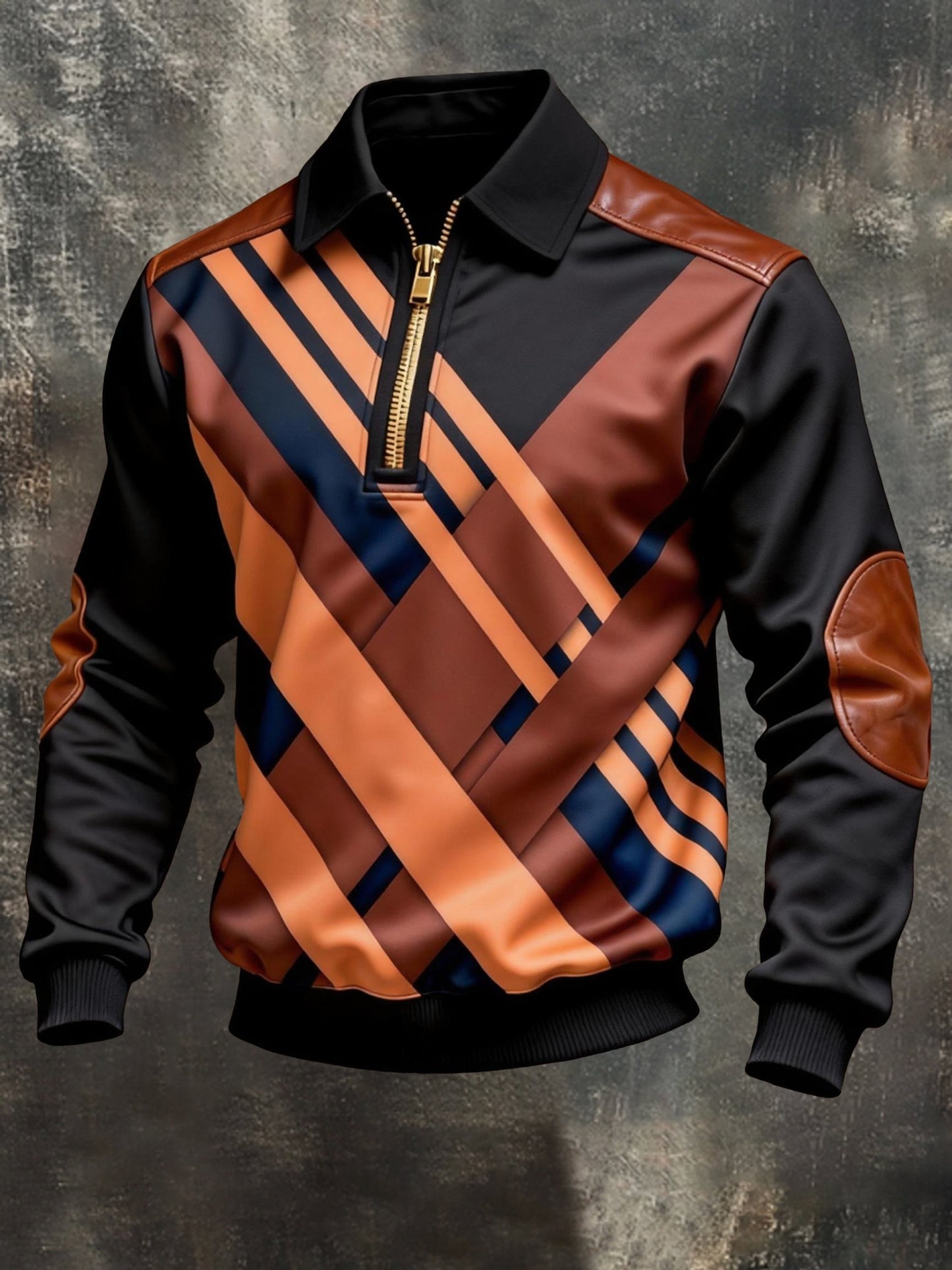 Men's Vintage Color-Block Printed Zip-Up Hoodie