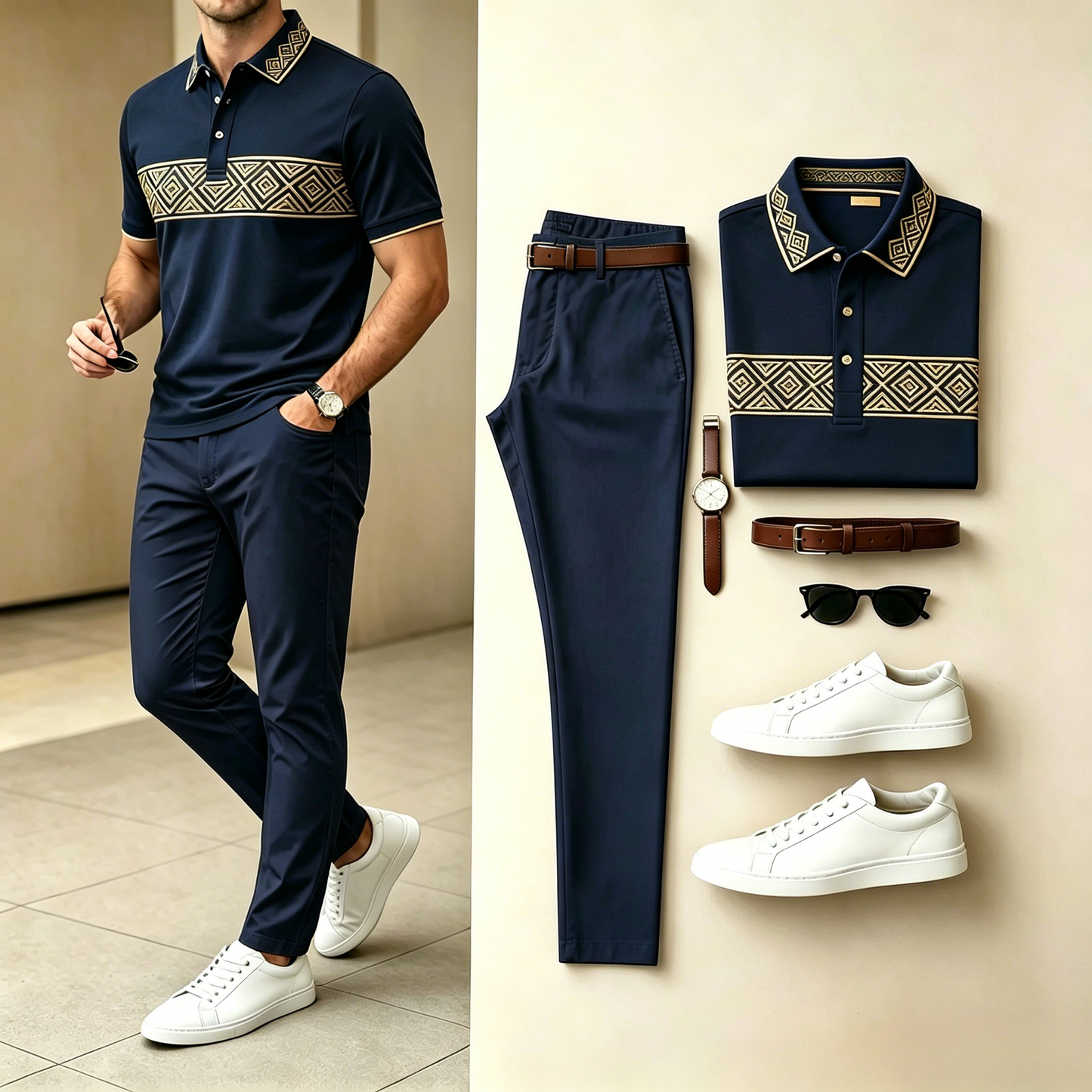 Men's Casual Navy Gold Embroidery Polo Shirt & Long Pants Two-Piece Set