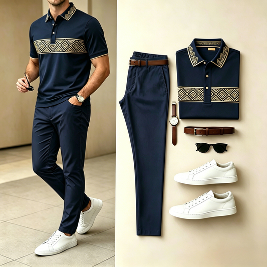 Men's Casual Navy Gold Embroidery Polo Shirt & Long Pants Two-Piece Set