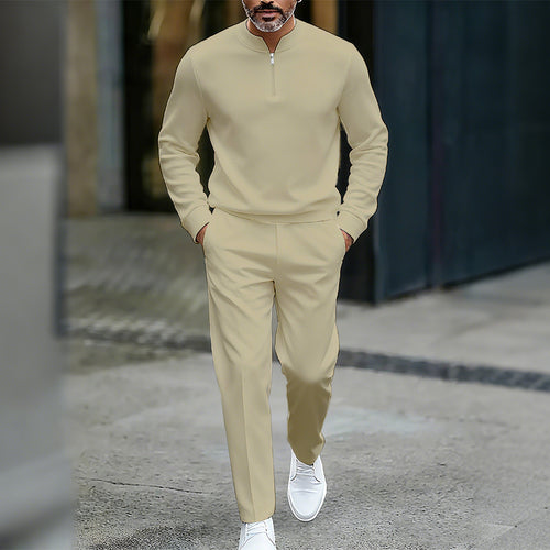 Men's Casual Solid Color Round-Neck Zipper Long Sleeved Trousers Two-Piece Set