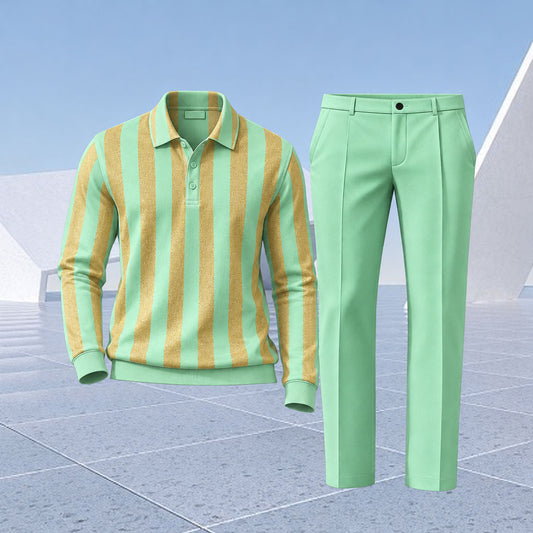 Men's Striped Printed Polo Shirt and Pants Two-Piece Set