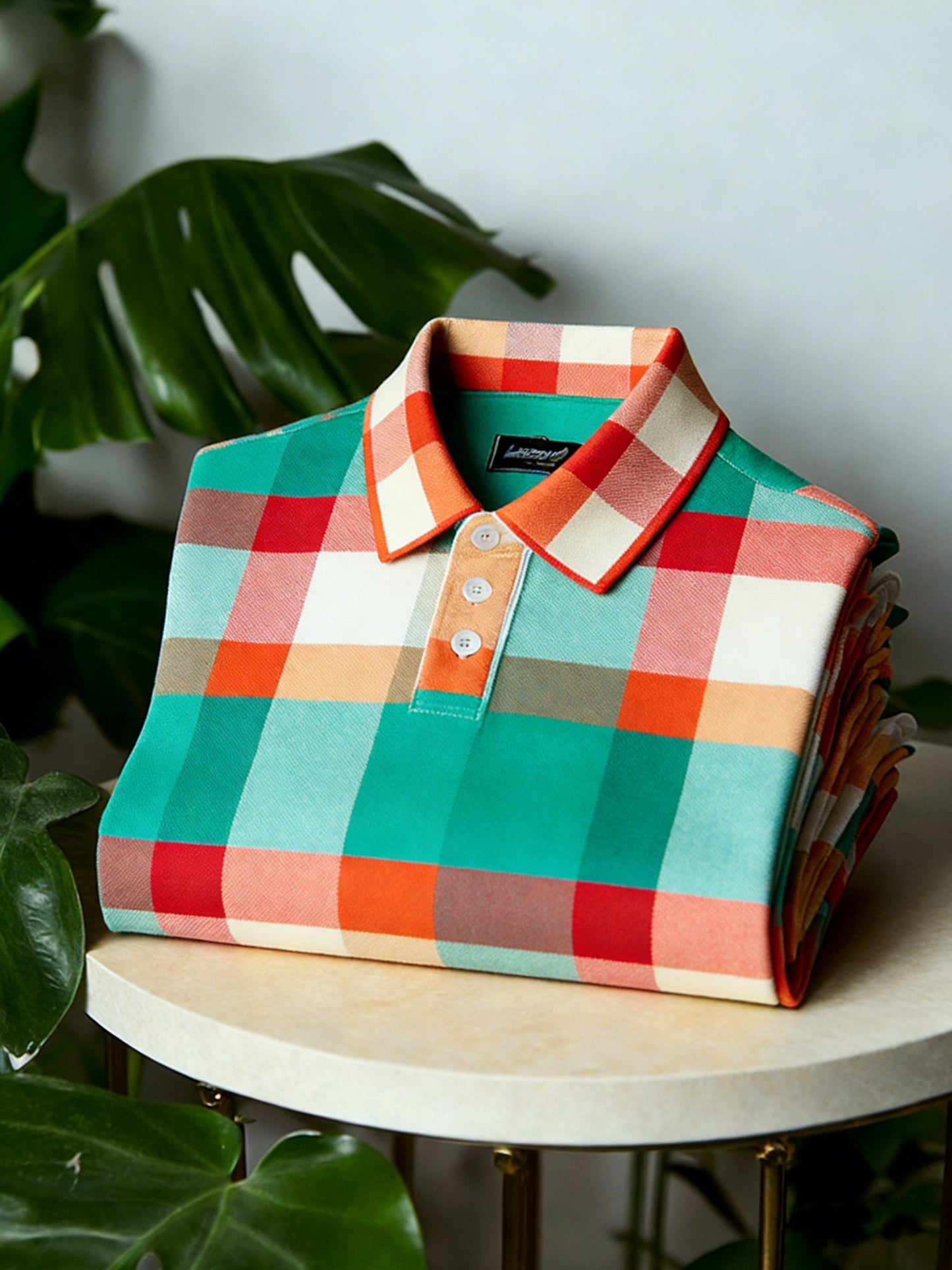 Men's Business Casual Button Short Sleeve Plaid Print Polo Shirt