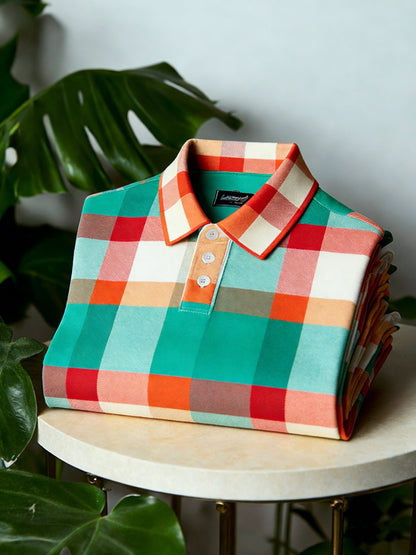 Men's Business Casual Button Short Sleeve Plaid Print Polo Shirt
