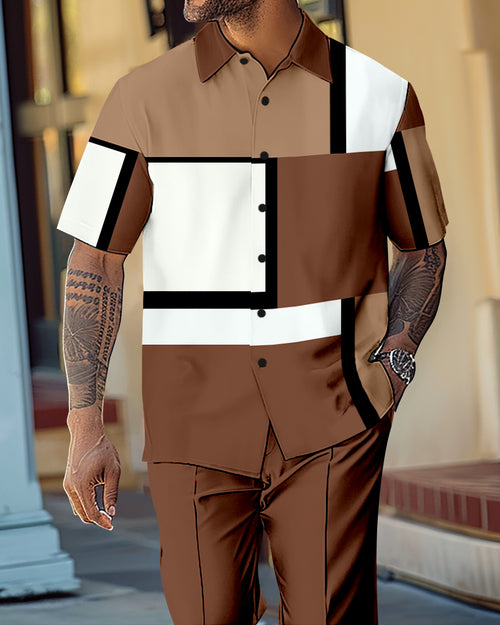 Men's Gradient Color Block Short Sleeve Shirt Walking Suit 1117