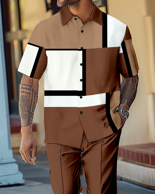 Men's Gradient Color Block Short Sleeve Shirt Walking Suit 1117