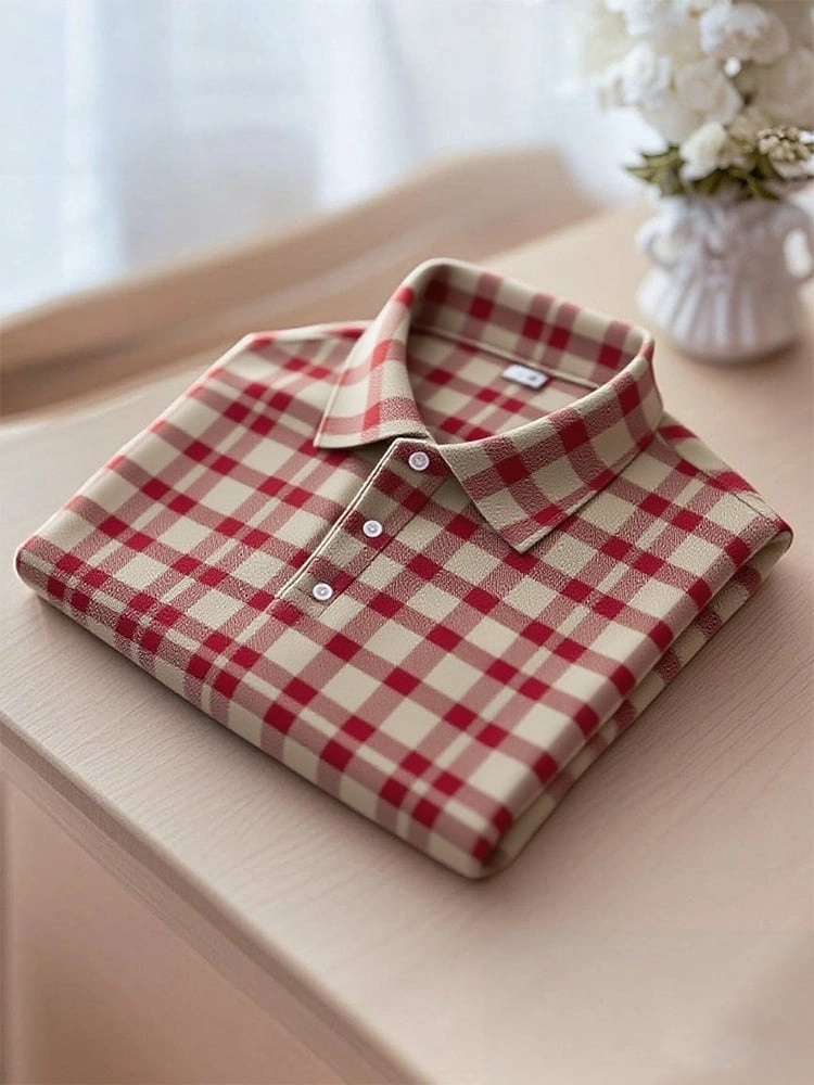 Men's Business Casual Red Khaki Plaid Button-Down Short Sleeve Polo Shirt