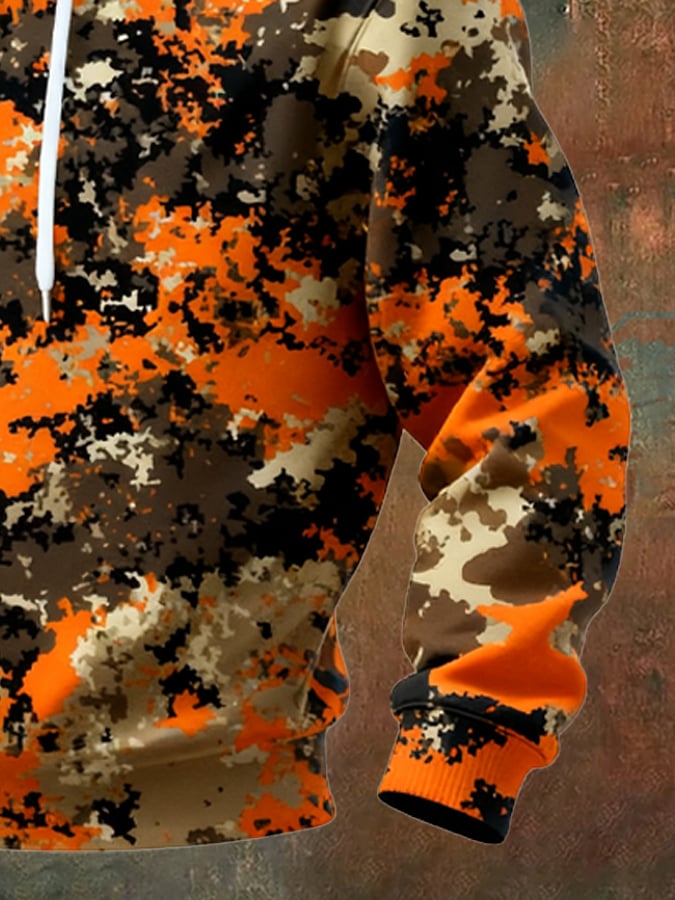 Men's Retro Distressed Color Block Camouflage Print Casual Long Sleeve Sweatshirt