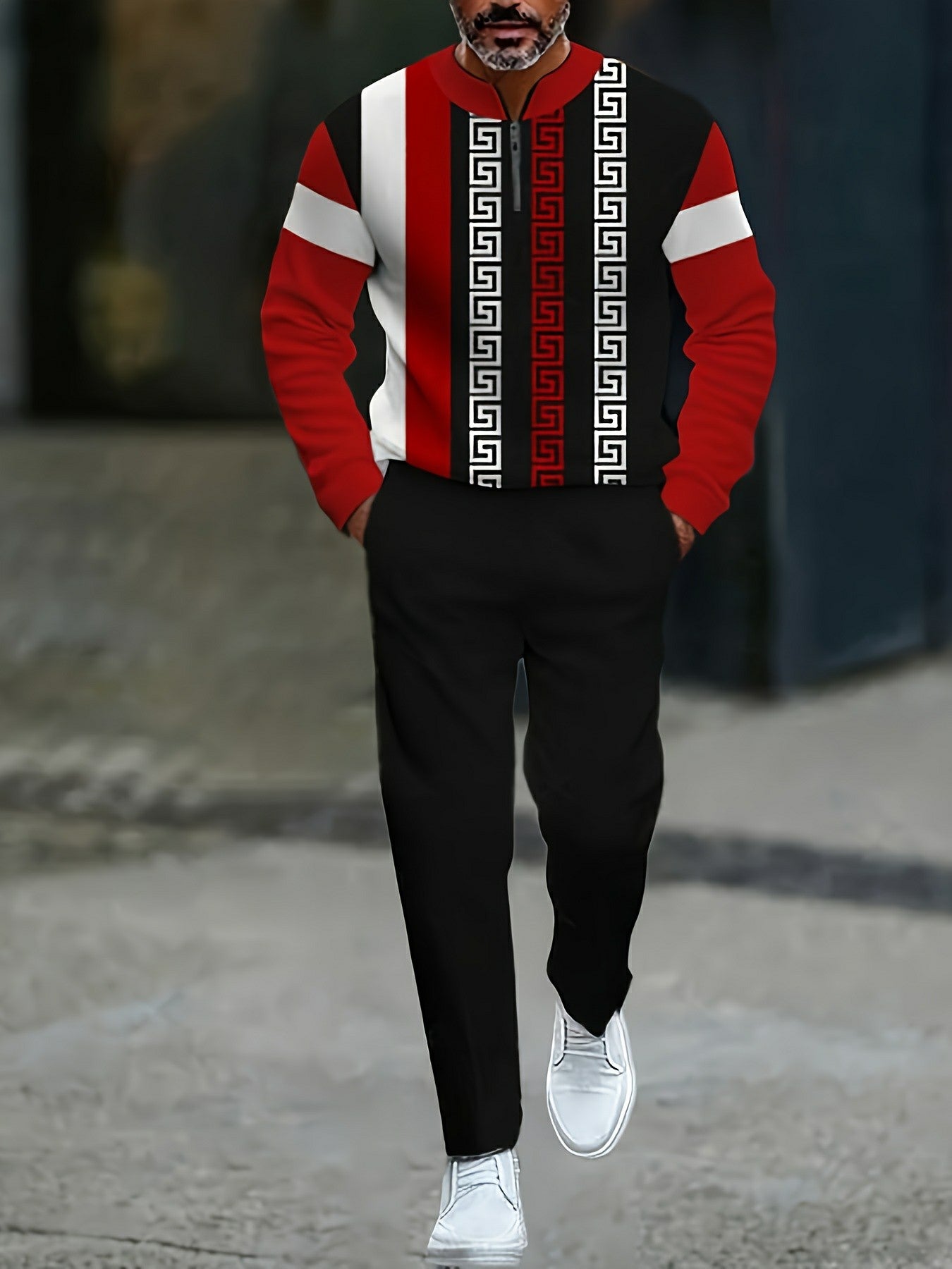 Men's Casual Black & Red Color Matching Striped Printed Round-Neck Zipper Long Sleeved Trousers Two-Piece Set