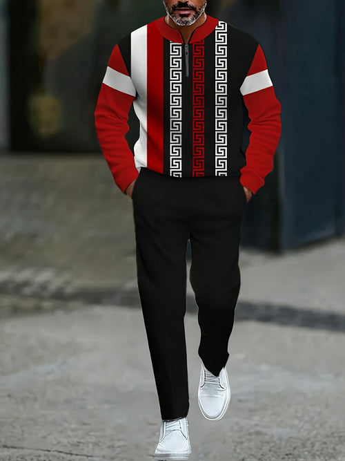 Men's Casual Black & Red Color Matching Striped Printed Round-Neck Zipper Long Sleeved Trousers Two-Piece Set