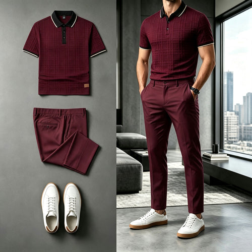 Men's Burgundy Short-Sleeve Polo Shirt and Pants Set