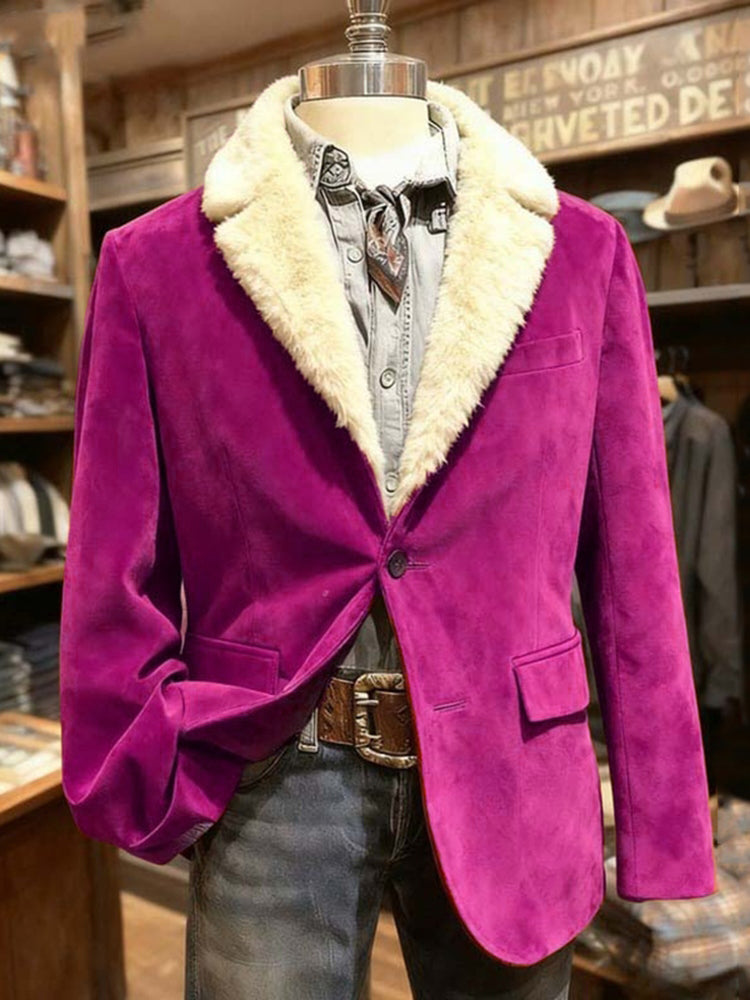 Men's Christmas Solid Color Fur Collar Printed Blazer