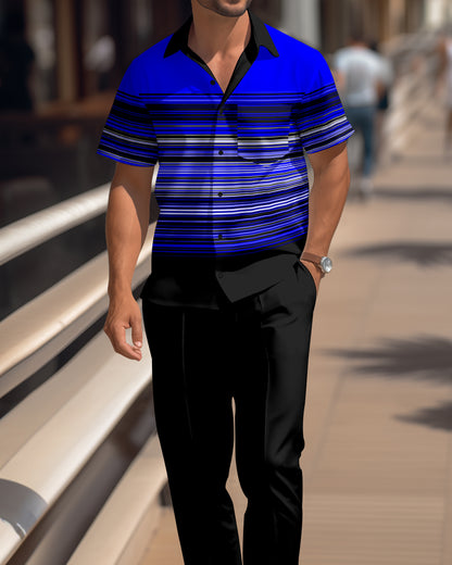 Men's pinstripe colorblock short-sleeved shirt casual wear 1666