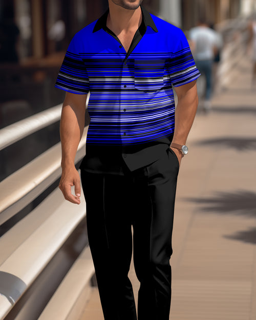 Men's pinstripe colorblock short-sleeved shirt casual wear 1666