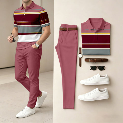 Men's Casual Color Blocking Geometry Printed Polo Shirt And Pants Two-Piece Set