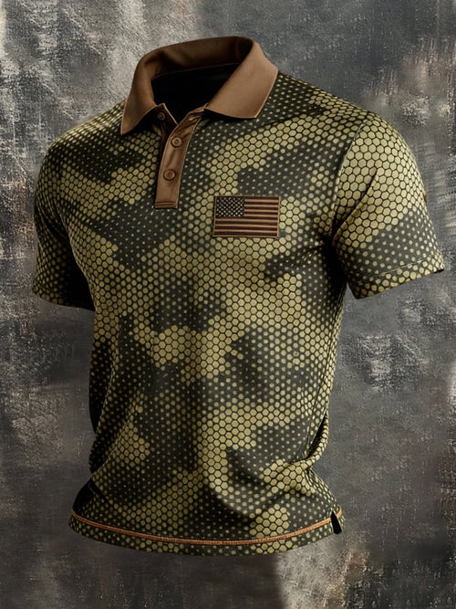 Men's Retro Patriot Color Block Polo Collar Short Sleeve