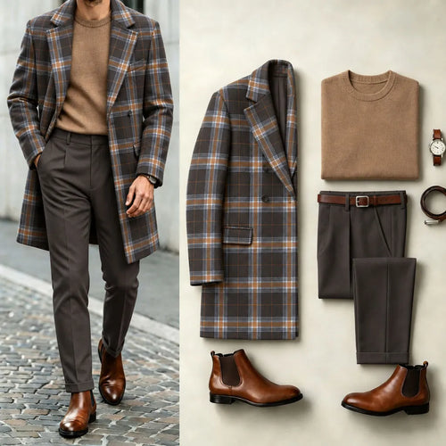 Men's Checkered Print Suit Set: Coat, Knit Sweater, and Pants