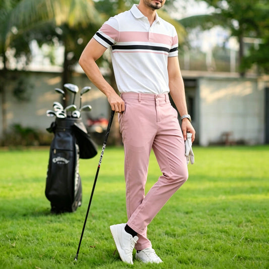Men's Casual Pink Geometric Printed Polo Shirt And Pants Two-Piece Set