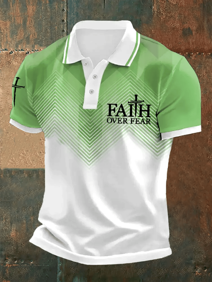 Men's Retro Faith “Faith Over Fear�? Casual Printed Polo Shirt